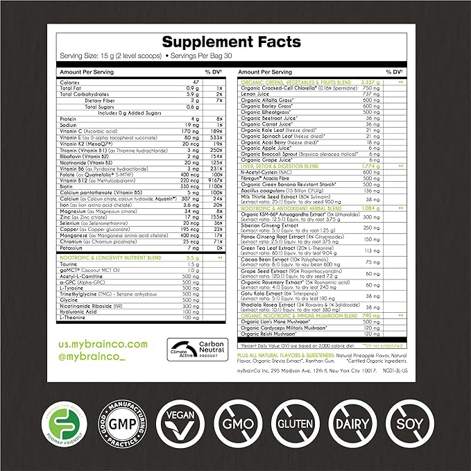 Nootropic Greens - Premium All-in-One Body, Brain & Longevity Optimization Nutrition. Organic Greens & Superfoods, Alpha-GPC, L-Theanine, Lion’s Mane, TMG, NR, NAC & More. (7.94 oz)