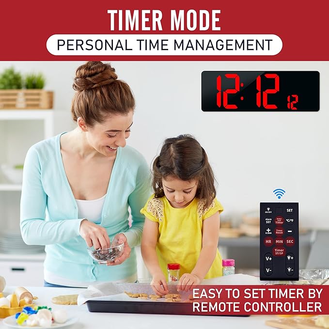 TXL16.5 Digital Wall Clock Large Display, LED Wall Clock with Date and Temperature,Count Up/Down Timer Clock with Remote Control, Adjustable Brightness Alarm Clock for Home, Office, Gym, Elderly