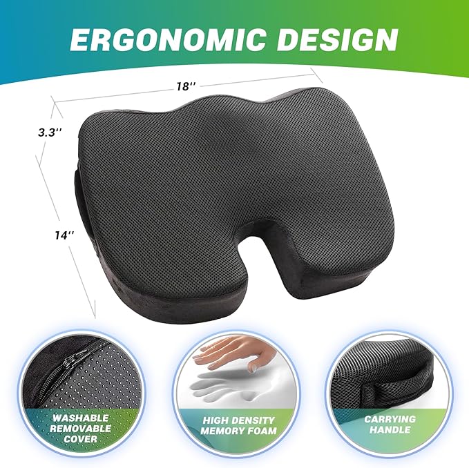 Cooling Gel Enhanced Memory Foam Orthopedic Support Cushion for Long Sitting - Back, Sciatica, Coccyx, Tailbone Pain Relief Pillow - for Office, Gaming, Car, Wheelchair