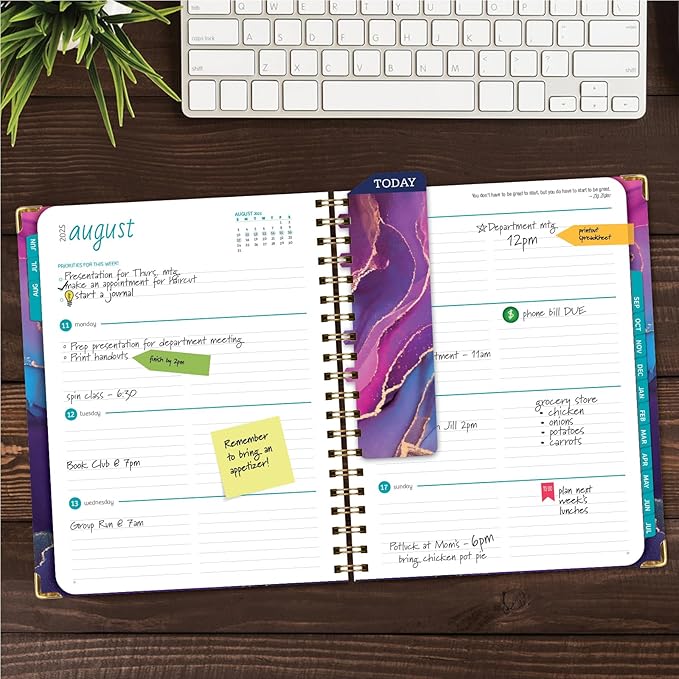 HARDCOVER Academic Year 2025-2026 Planner: (June 2025 Through July 2026) 8.5"x11" Daily Weekly Monthly Planner Yearly Agenda. Bookmark, Pocket Folder and Sticky Note Set (Pink Purple Marble)