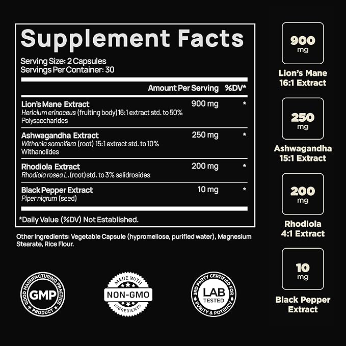20,000mg 16x Strength Lions Mane Supplement Capsules Super Nootropic w. Ashwagandha & Rhodiola - Highest Potency Lion's Mane Mushroom Extract 50% Polysaccharides Brain Supplements for Memory and Focus