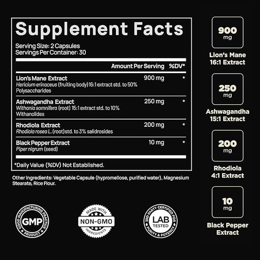 20,000mg 16x Strength Lions Mane Supplement Capsules Super Nootropic w. Ashwagandha & Rhodiola - Highest Potency Lion's Mane Mushroom Extract 50% Polysaccharides Brain Supplements for Memory and Focus