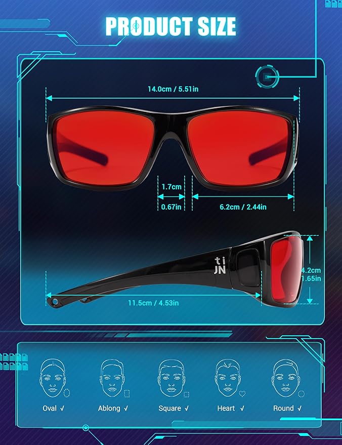TIJN Sonia Sleep Glasses for Blue & Green Light Blocking,Red Lens with Dual AR Coating,Wraparound Frame for Gaming Screen