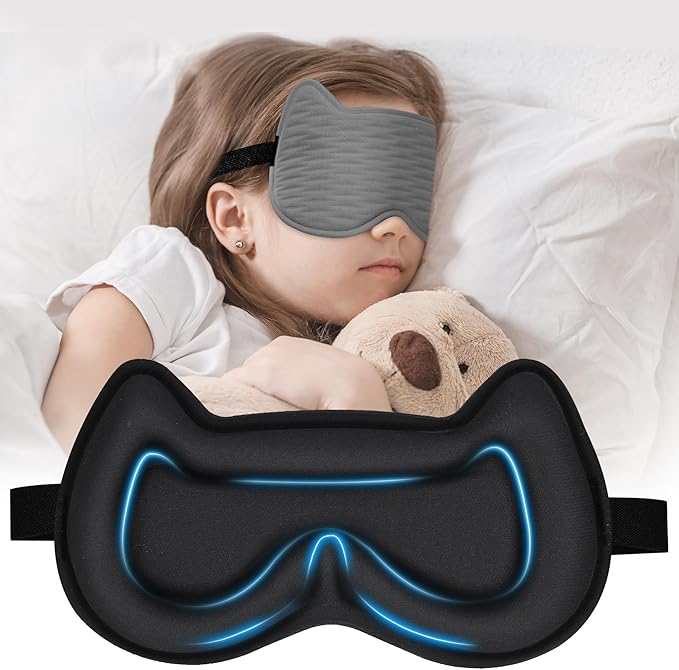 3D Kids Sleep Eye Mask: 3D Contoured Cup Sleeping Masks, Blindfold Sleep Eye Cover with Adjustable Strap, Memory Foam Lightweight Night Eyeshade for Boys Girls Teens (Gray)