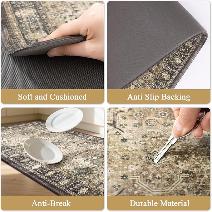 Pauwer Anti Fatigue Kitchen Mat Set of 3 Non Slip Kitchen Mats for Floor Cushioned Kitchen Rugs Comfort Standing Mat Farmhouse Waterproof PVC Foam Kitchen Floor Mat Runner, Multi Brown