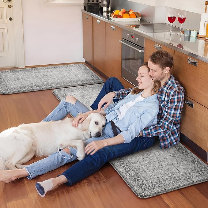KIMODE Anti Fatigue Kitchen Mats for Floor, Boho Oriental Kitchen Rugs Sets of 2, Padded Kitchen Floor Mats Non Slip, Cushioned Standing Mats for Sink, Laundry, Desk Grey 20"x47"+20"x32"