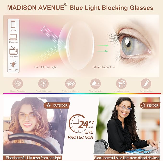 Madison Avenue Blue Light Blocking Glasses Anti Eyestrain UV Glare Blue Light Glasses for Women with Case, TV Phone Computer Gaming Eyeglasses (Demi)
