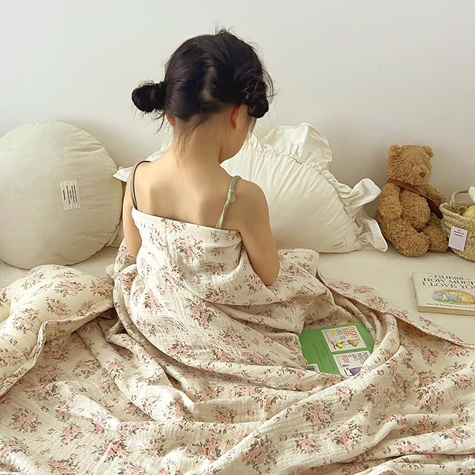 BuLuTu Muslin Baby Blankets for Toddlers Girls Boys, Soft Lightweight Large Crib Blanket 100% Cotton Muslin Baby Quilt for Toddler Bed/Crib/Cot, Floral Print, 47"x51"