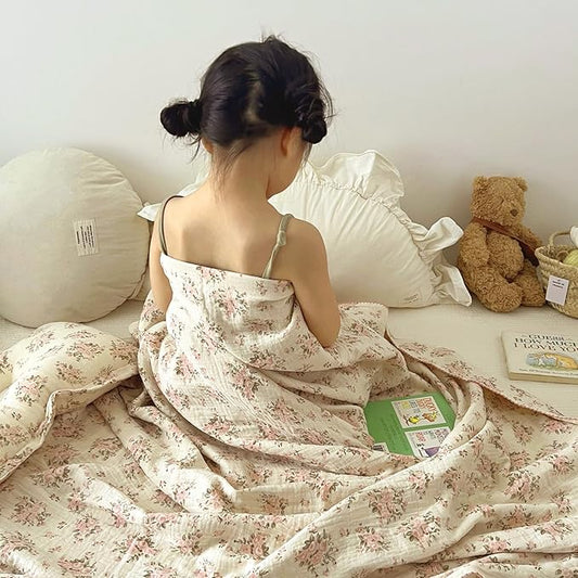 BuLuTu Muslin Baby Blankets for Toddlers Girls Boys, Soft Lightweight Large Crib Blanket 100% Cotton Muslin Baby Quilt for Toddler Bed/Crib/Cot, Floral Print, 47"x51"