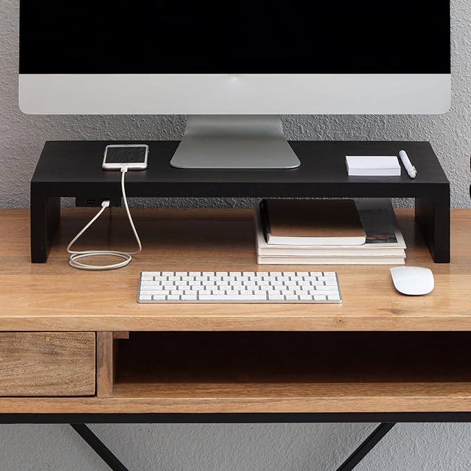 Anji Mountain Wooden Monitor Stand - Elegant Monitor Riser, Perfect Monitor Stand for Desk Organization, Durable Wood Construction monitor stands, Enhances Ergonomics and Workspace Efficiency,Black