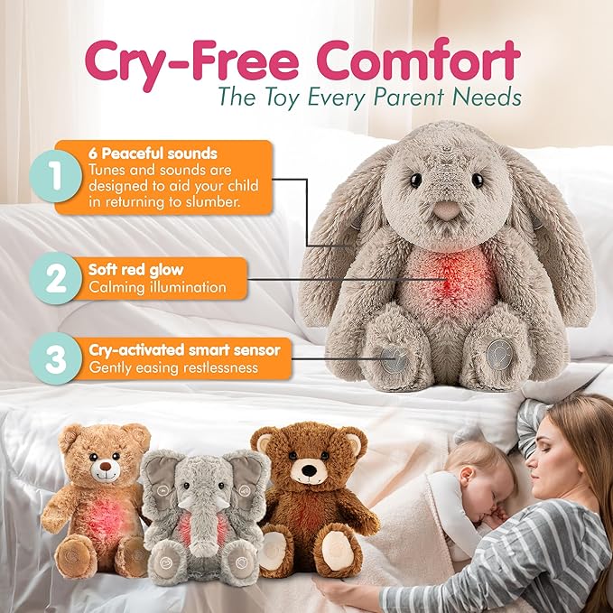 Gemma Joy Baby Sleep Soother Bunny for Baby – Cry Activated Heartbeat Stuffed Animal – Rechargeable Crib Soother with White Noise, Shush, Lullabies & Night Light – Newborn Essentials Must Haves