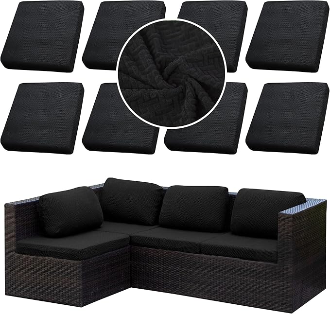 8Pcs Stretch Patio Cushion Cover Outdoor Cushion Cover Replacement Slipcovers Outdoor Cushion Covers Thick Jacquard Textured Twill Fabric Porch Patio Furniture Protector(Black，Cover，Only)