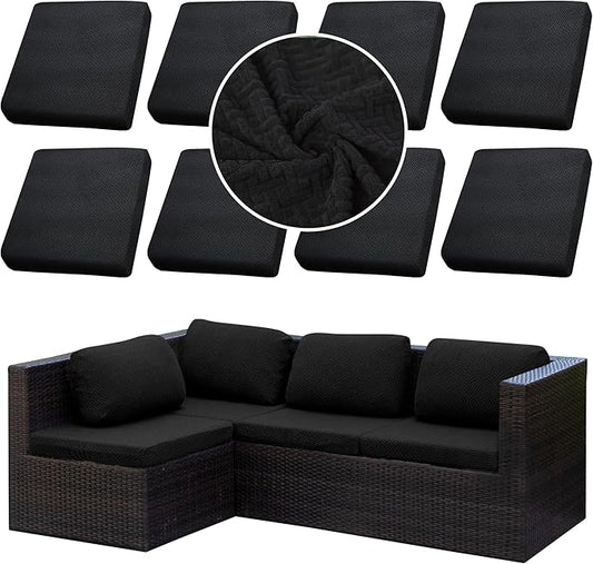 8Pcs Stretch Patio Cushion Cover Outdoor Cushion Cover Replacement Slipcovers Outdoor Cushion Covers Thick Jacquard Textured Twill Fabric Porch Patio Furniture Protector(Black，Cover，Only)