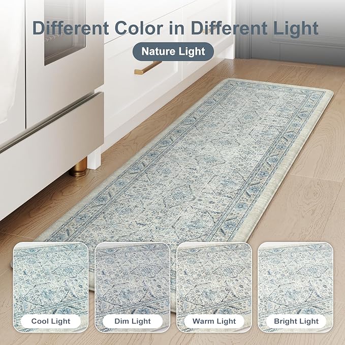 KIMODE Anti Fatigue Kitchen Mats for Floor, Boho Vintage Kitchen Rugs Sets of 2, Cushioned Kitchen Floor Mats Non Slip, Comfort Rugs for Kitchen Floor, Sink, Laundry, Desk Blue 17"x47"+17"x29"