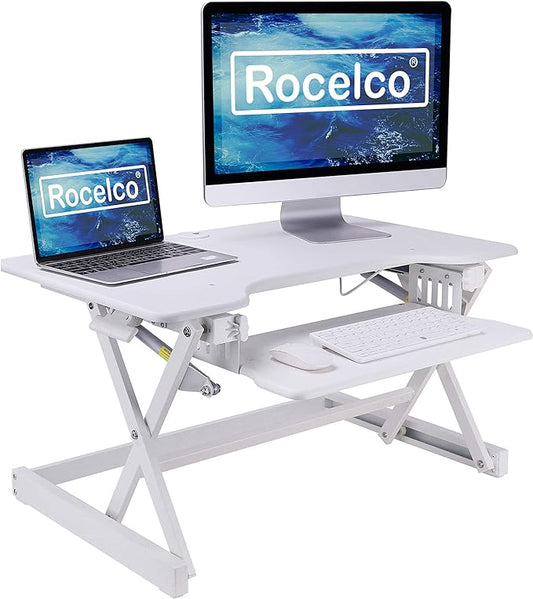 Rocelco 32" Height Adjustable Standing Desk Converter - Sit Stand Computer Workstation Riser - Dual Monitor Retractable Keyboard Tray Gas Spring Assist - Black (R EADRW)