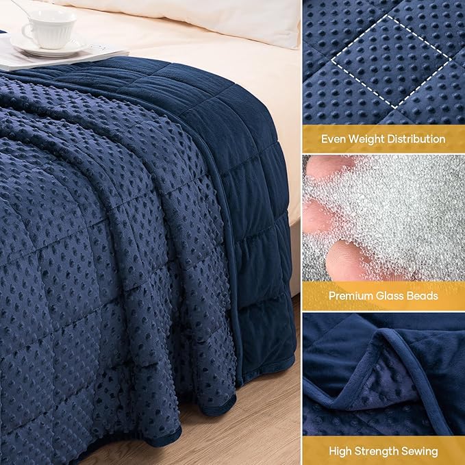Wemore Minky Dot Weighted Blanket for Adults Twin Size 15 lb, Soft Heavy Blanket for Stress Relief and Sleep Promotion, Breathable Blanket for All-Season with Glass Beads, Navy Blue 60 x 80 inches