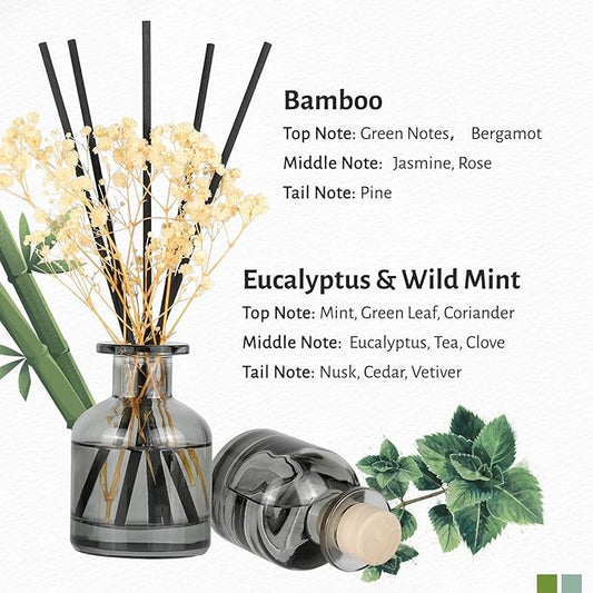 Brakula 2 Pack Reed Diffuser, Bamboo + Eucalyptus & Wild Mint (3.38 fl oz Each Pack), Home Fragrance with 12 Sticks,Bathroom Decor, Reed diffusers for Home