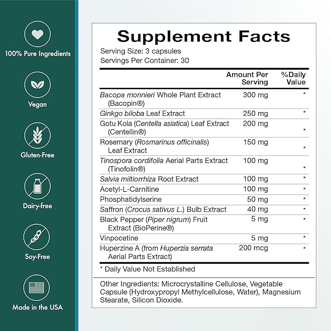 Natura Health Products Vibrant Mind - Nootropic Brain Supplement for Memory and Focus* - Featuring Bacopa, Ginkgo Biloba, Centellin & Phosphatidylserine -Caffeine Free (90 Capsules)