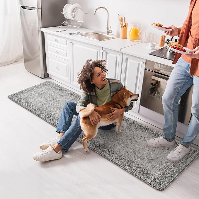 KIMODE Anti Fatigue Kitchen Mat, Cushioned Farmhouse Kitchen Runner Rug, Non Slip Waterproof Kitchen Mat for Floor, Comfort Foam Standing Desk Mat for Laundry, Office, Sink Grey 17.3"x59"