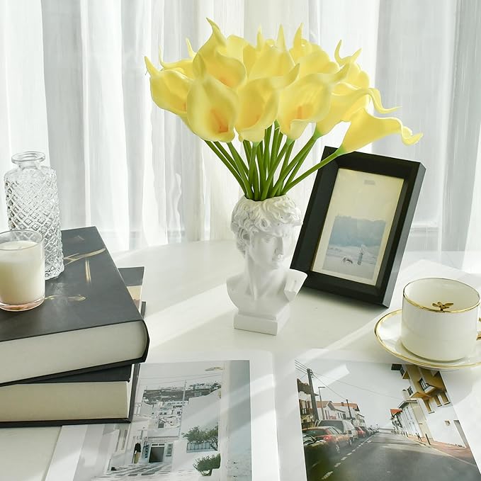 Mandy's PU Light Yellow Calla Lily Artificial Flowers 20 Stems 13.5in Faux Realistic Centerpiece DIY Bridal Bouquet Home Décor