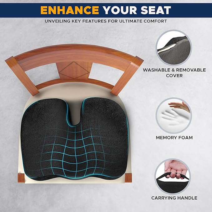 EcoNour Thick Memory Foam Gel Seat Cushion (Black) | Office Chair Cushion for Sciatica, Tailbone and Lower Back pain | Orthopedic cushion for Tail bone| Anti-Slip Support Pillow For Seniors and Driver