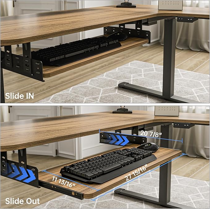 EUREKA ERGONOMIC Adjustable Keyboard Tray Under Desk, 28x11 Inch Large Slide Out Keyboard & Mouse Platform Tray, Wooden Pull Out Computer Keyboard Drawer for Typing Home Office Desk, Walnut