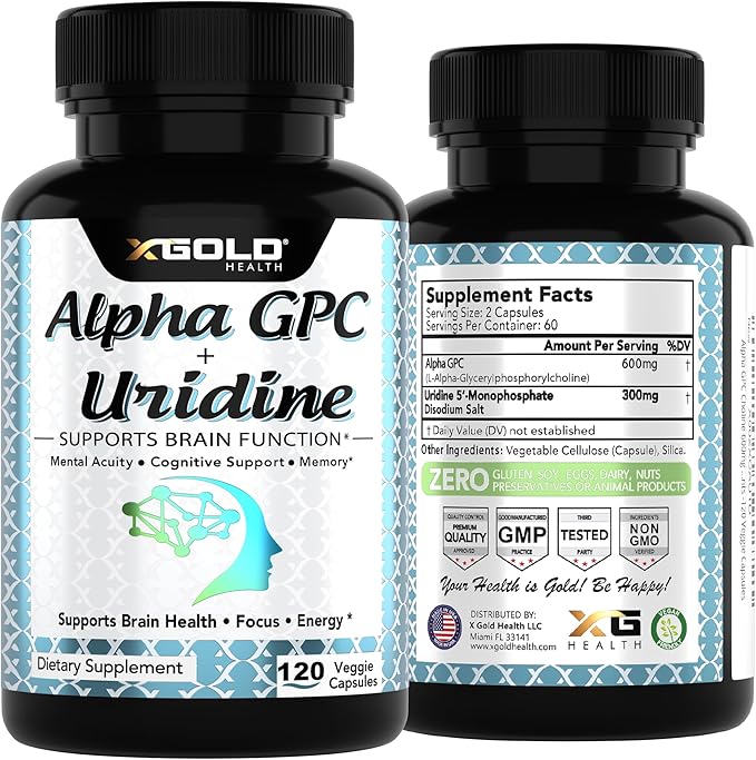 Alpha GPC Choline 600mg + Uridine Monophosphate 300mg-2-in-1 Nootropic Supplement Helps Boost Focus, Energy & Cognitive Performance -Potent Mood Enhancer & Brain Focus Supplements -120 Veggie Capsules