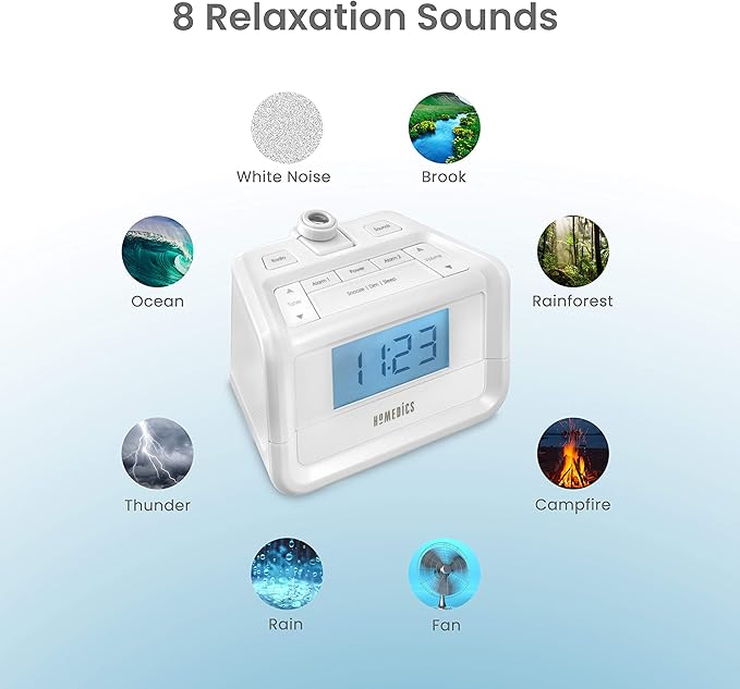 HoMedics Sound Machine and Alarm Clock with Time Projection. White Noise Sound Machine with a Digital FM Alarm Clock Radio, 8 Sounds, Snooze, Sleep Timer and Night Light