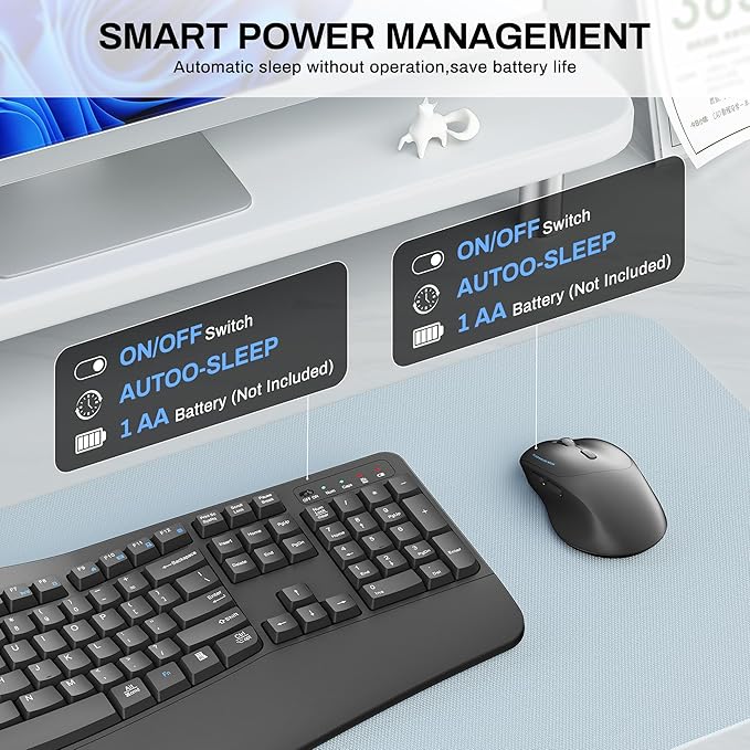 Wireless Keyboard and Mouse Combo,2.4G Full Size Wave Keys Ergonomic Keyboard with Wrist Rest for Natural Typing, 3 DPI Adjustable Ergonomic Silent Mouse for Computer/Laptop/Windows/Mac (Grey)