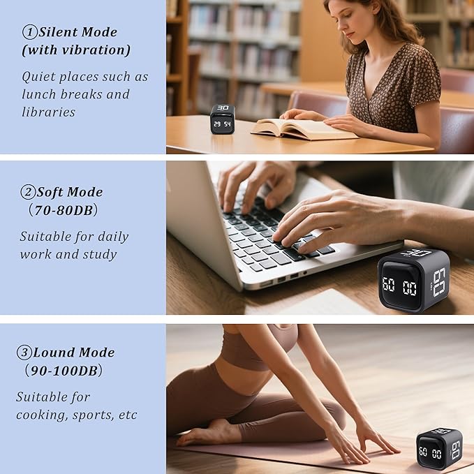 Rotating Pomodoro Timer 5,10,30, 60 Minutes Preset,Desk Productivity Flip Timer, Visual Cube Countdown Stopwatch,Custom Modes/Vibration/High/Low Volume,ADHD Timers, for Study, Work, School, Kitchen