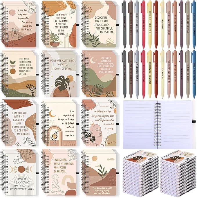 Kosiz 96 Pcs/48 Set Positive Affirmation Gifts Gratitude Spiral Notebooks with Pens Motivational Encouragement Notepads Daily Affirmations Journal for Women (Rainbow)