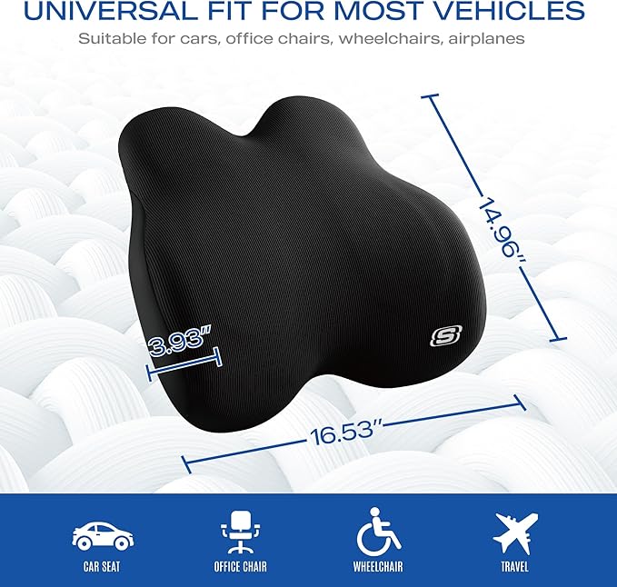 Skechers Memory Foam Lumbar Pillow,Lumbar Support Pillow for Office, Chair Lower Back Pain Relief Lumbar Pillow, Ergonomic Design Back Support Pillow for Office Chair, Car, Home, Travel,Black