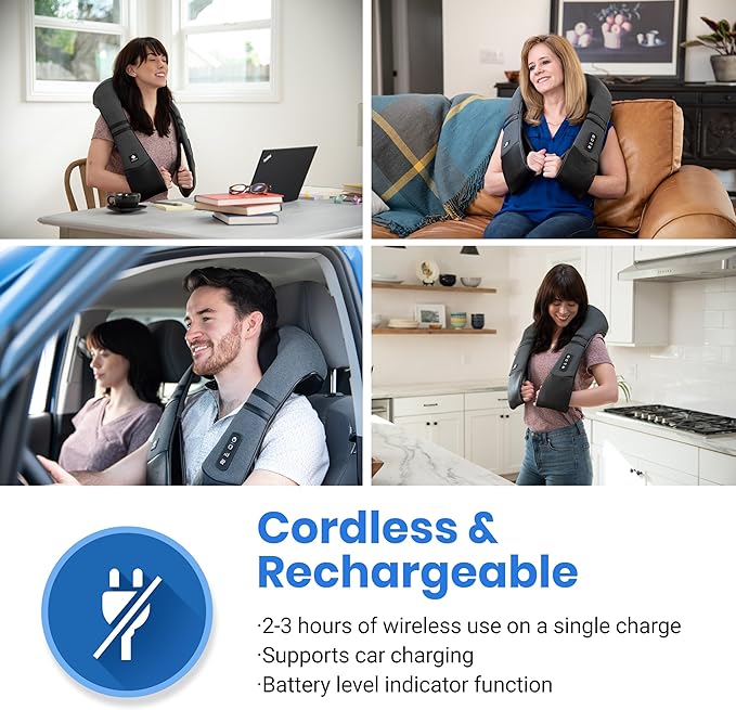 Etekcity Cordless Neck & Back Massager with Heat, Deep Tissue Shiatsu, Rechargeable Shoulder Pain Relief Wearable, 8 Nodes, 3 Intensities, Bi-Directional, 180-Min Battery, Soft PU Leather, Best Gift