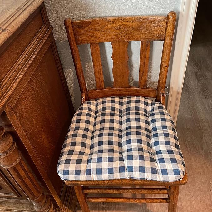 Barnett Home Decor Classic Check Navy Blue Dining Chair Pad with Ties - 15 x 17 Size Small Chair Cushion - Latex Foam Fill - Machine Washable, Reversible, 100% Cotton Plaid, Made in USA