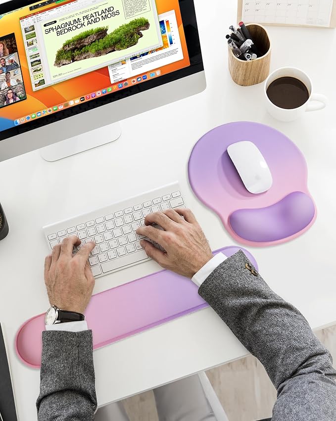 Ergonomic Mouse Pad Wrist Support Set, Memory Foam Keyboard Wrist Rest Set, Keyboard Pad, Non-Slip Base Mousepad(Gradient Pink Purple Set)