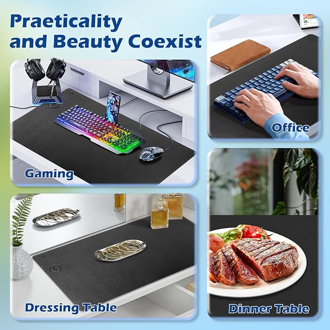 Wireless Charging Desk Mat with Desk Pad for Desktop Charging Large Mouse Pad Waterproof Leather Computer Mat Mouse Pad Non-Slip Protector on Top of Desks for Keyboard and Mouse (black-l, 32*16inch)