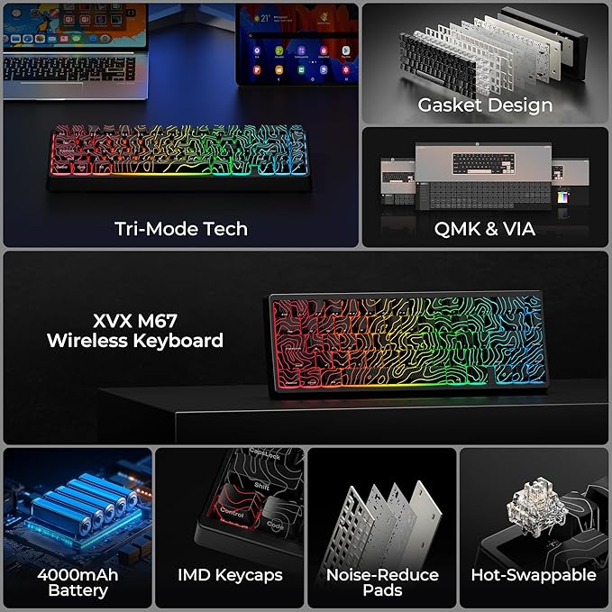 HITIME x XVX M67 60% Percent Keyboard Wireless, QMK/VIA Topographic Gaming Keyboard, Tri-Mode Thocky Creamy Mechanical Key Board, Hot Swappable Mount RGB IMD Tech for Win/Mac, Black