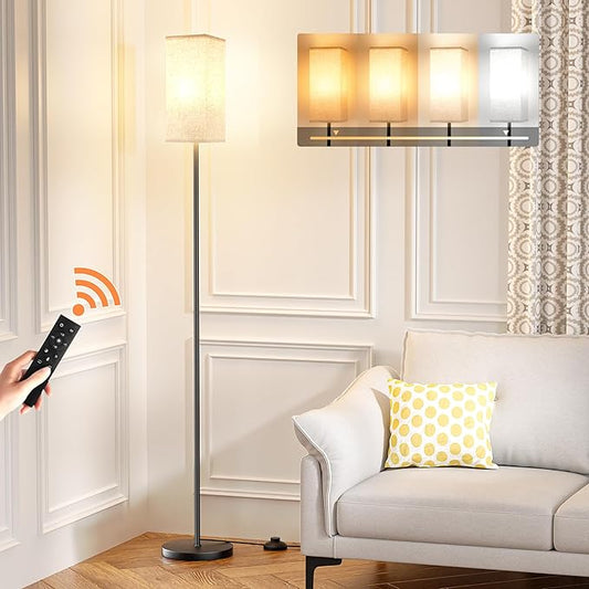 Ambimall Floor Lamps for Living Room & Remote Control, 9W Stepless Dimmable Bulb, Foot Switch, 64'' Tall Standing Lamp, Beige Lampshade(Black)