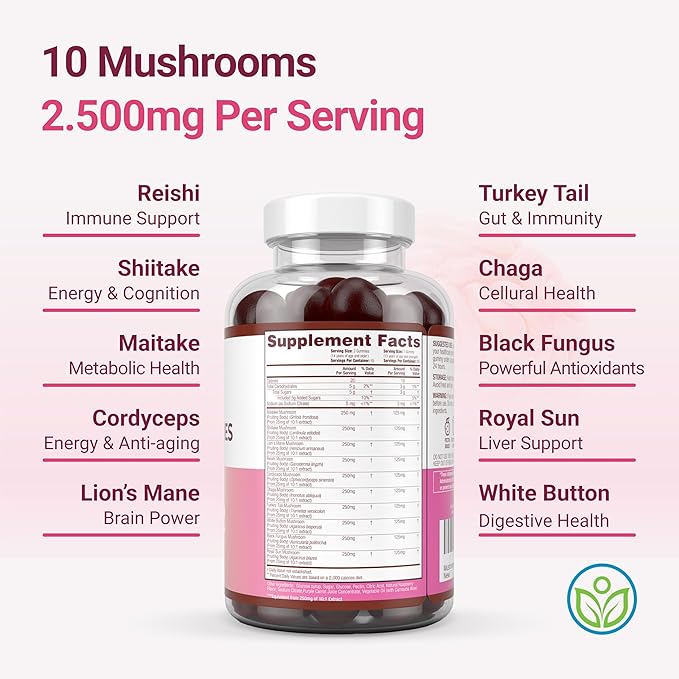 World's First Mushroom Complex Gummies - 10x Mushroom Supplement w Lions Mane (90 Chews 2500mg/serving) Nootropic Brain Supplement, Immune Support & Stress Relief - Replace Pills & Capsules
