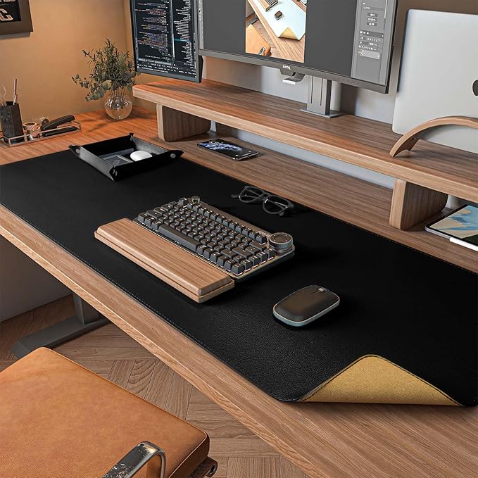 DAWNTREES Dual Sided Desk Mat,Leather Desk Pad,Black 40"x16",Cork Desk Mat Protector,with PU Leather Valet Tray Organizer,Large Mouse Pad,Desk Writing Pad for Office and Home
