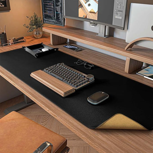 DAWNTREES Dual Sided Desk Mat,Leather Desk Pad,Black 40"x16",Cork Desk Mat Protector,with PU Leather Valet Tray Organizer,Large Mouse Pad,Desk Writing Pad for Office and Home