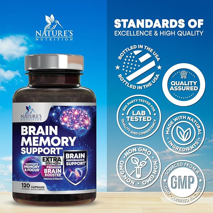 Brain Memory Supplement Pills - Nootropics Support for Concentration, Clarity, Alertness & Focus - Brain Health with Bacopa, Cognitive Vitamins, Phosphatidylserine, DMAE - Brain Booster - 120 Capsules