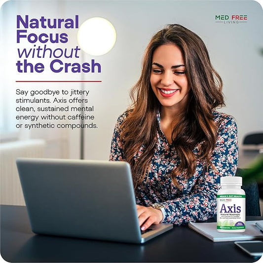 Axis Natural Brain Supplement with Curcumin C3 Complex, Bacopin, and Lion's Mane Extract - Brain & Gut Health Support, Focus, Energy, Stress Relief - 60 Capsules, All-Natural, Med Free Living (1)