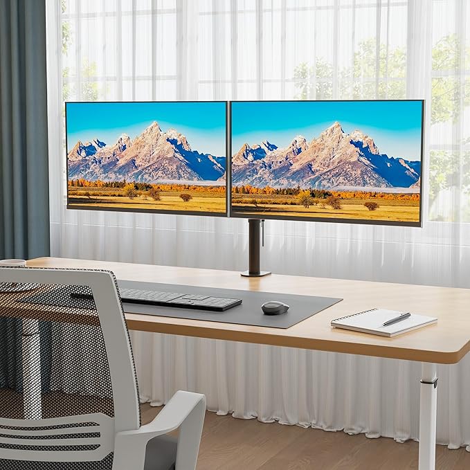 BONTEC Dual Monitor Desk Mount, Full Motion Adjustable Monitor Stand for 13–27 Inch Screens, Heavy Duty Arms Hold Up to 22 lbs Each, VESA 75x75/100x100 mm, C Clamp and Grommet Base, Cable Management