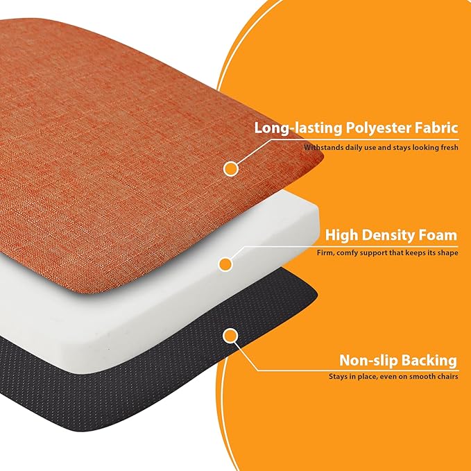 Chair Cushions for Dining Chairs, 2" Thick Seat Cushions for Kitchen Chairs, D-Shaped Chair Pads with Washable Cover, Ties and Non Slip Backing, 17'' x 16'', Set of 6, Orange