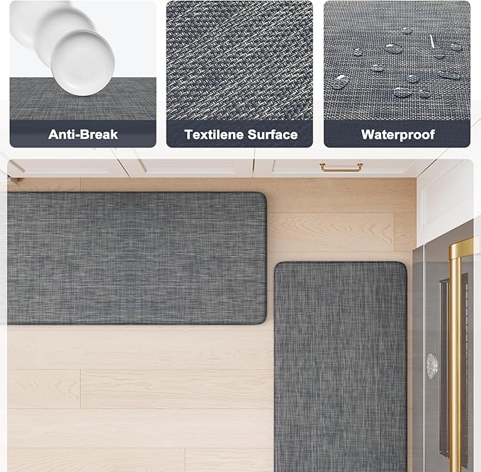 KIMODE Anti Fatigue Kitchen Mats 17"x47"+17"x29", Farmhouse Kitchen Rugs Sets of 2, Cushioned Non Skid Kitchen Mats for Floor, Comfort Kitchen Floor Mats for Sink Laundry Desk Dark Blue