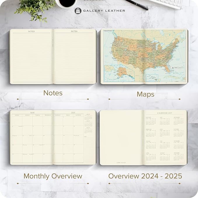 Gallery Leather Large Monthly Planner 2025, Elegantly Bound Calendar Planner and Notebook with Stylish Gold-Gilded Page Edges, 18 Months - Camden Kiwi - 9.75 x 7.5 "