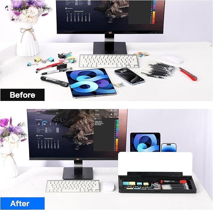 KVY Desk Whiteboard with Storage,Desktop Glass Dry Erase White Board Organizers Supplies with Accessories for Office, Home, School Essentials (Black)