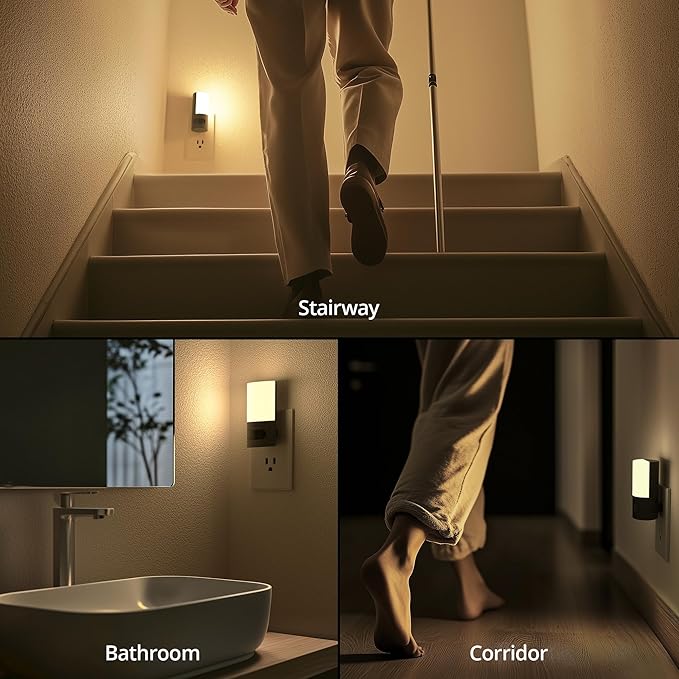 Lyridz Plug-in LED Rotatable Night Light with Motion Sensor, Dimmable Backlit Nightlight with 1-150lm Adjustable Brightness for Bathroom, Bedroom, Hallway, Stairs, 2 Pack