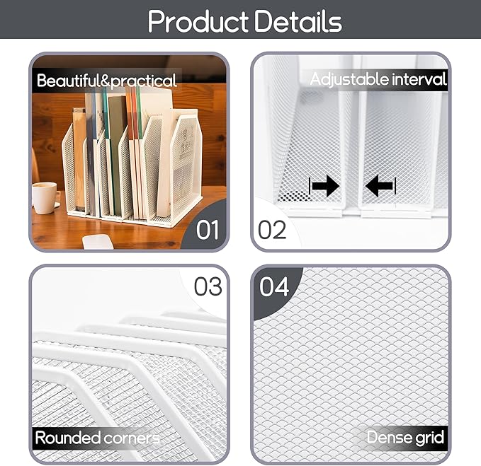 Adjustable Desk File Organizer,Detachable Office Folder Organizer,Compact Vertical Desk File Holder,Wrought Iron Paint,Suitable for Home, School, Office Classrooms (White - 5 grids)